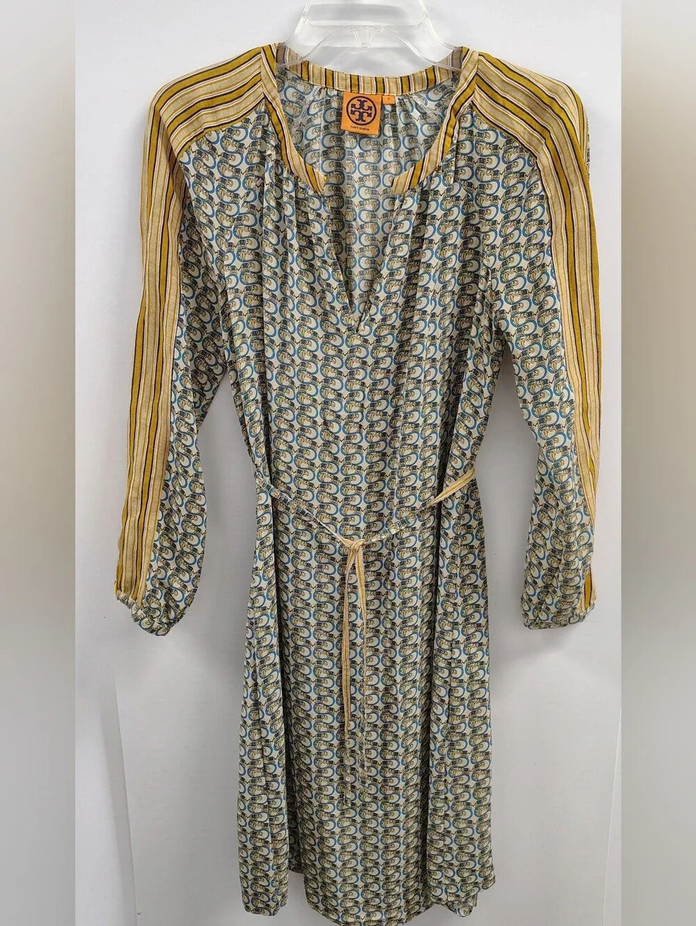Tory Burch Silk Long-sleeve Relaxed Dress Ties  Waist w Grey Blue Elephants Sz 6